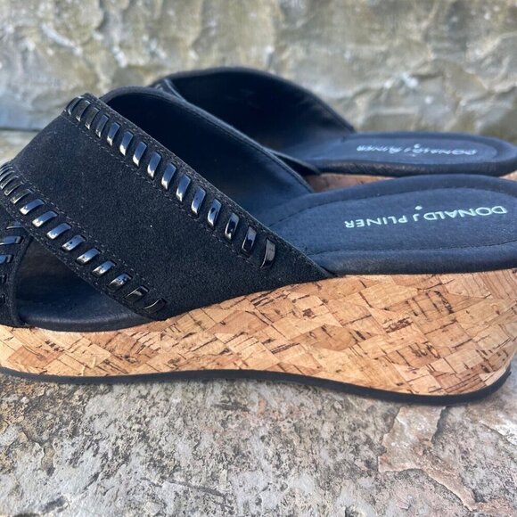 Donald J Pliner Savee Whipstitch Cork Wedge Sandal 9.5M Black Suede Y2K Chunky - Picture 6 of 11